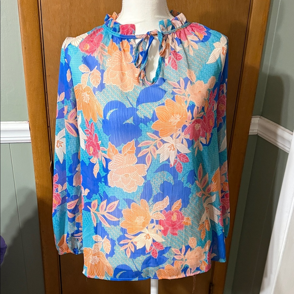Lovely Melody Blue and Orange Floral Blouse